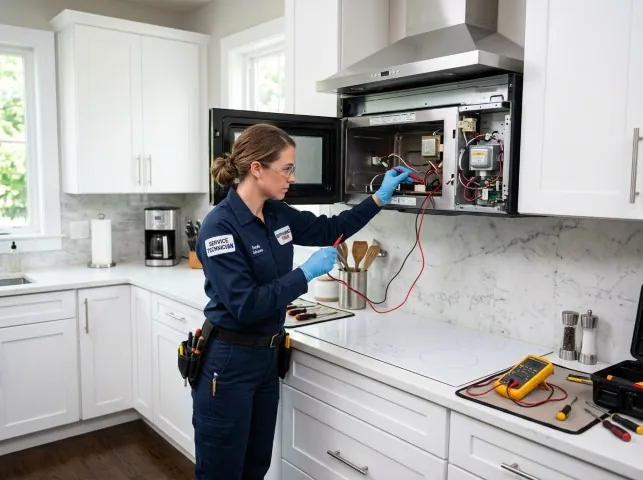 Appliance Repair Hero technician testing an over-the-range microwave in a Adamsville, AL kitchen